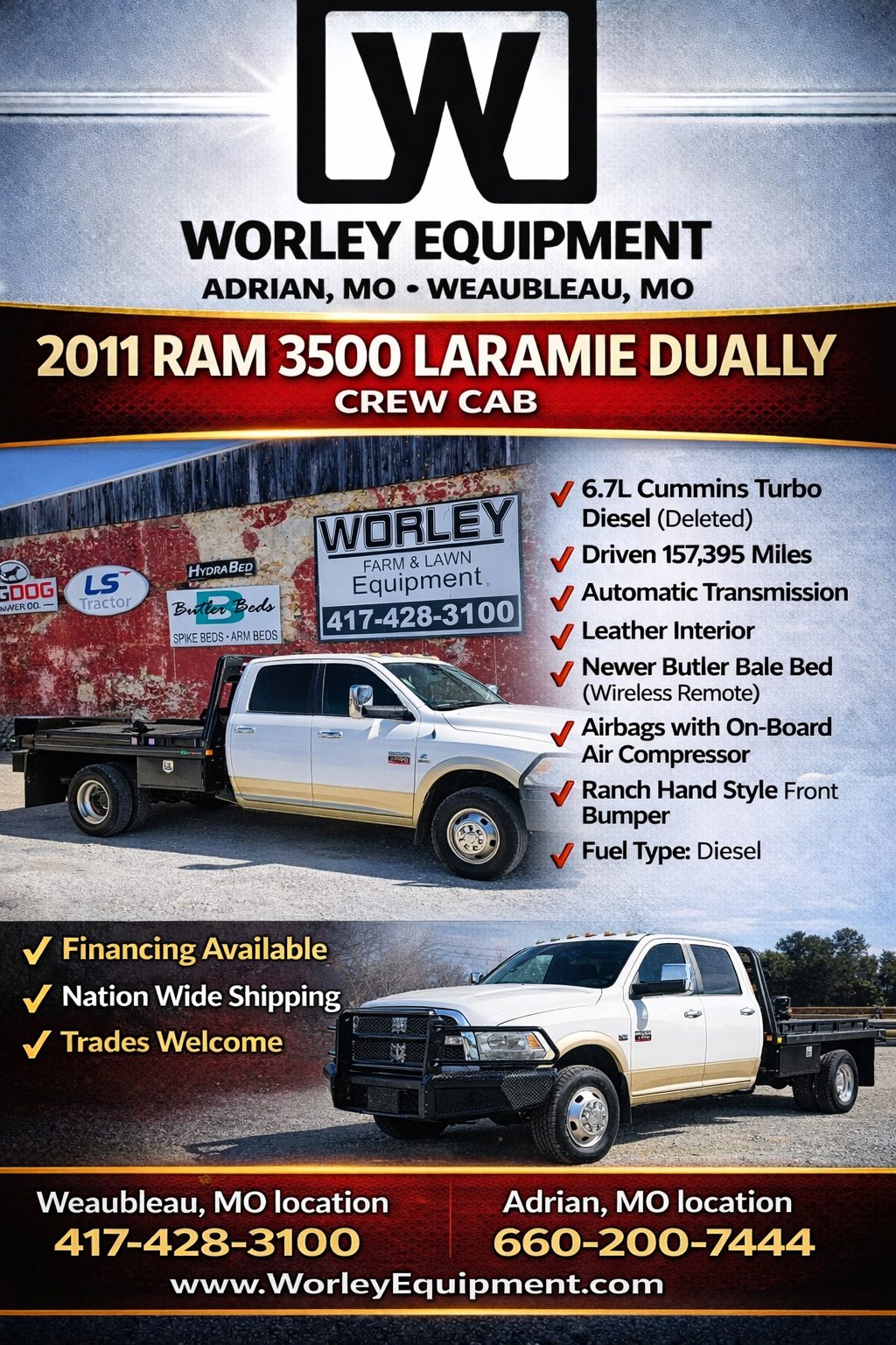 2011 RAM 3500, DUALLY, CREW, CAB, LARAMIE, BUTLER ARM BED